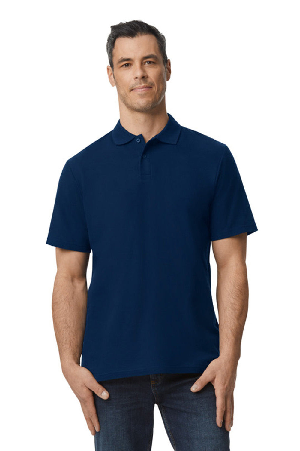 Gildan G648 Mens SoftStyle Double Pique Short Sleeve Polo Shirt Navy Blue Model Front