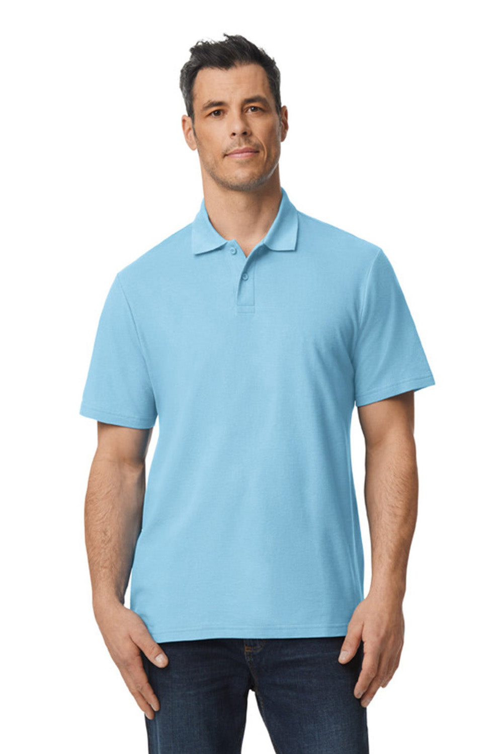 Gildan G648 Mens SoftStyle Double Pique Short Sleeve Polo Shirt Light Blue Model Front