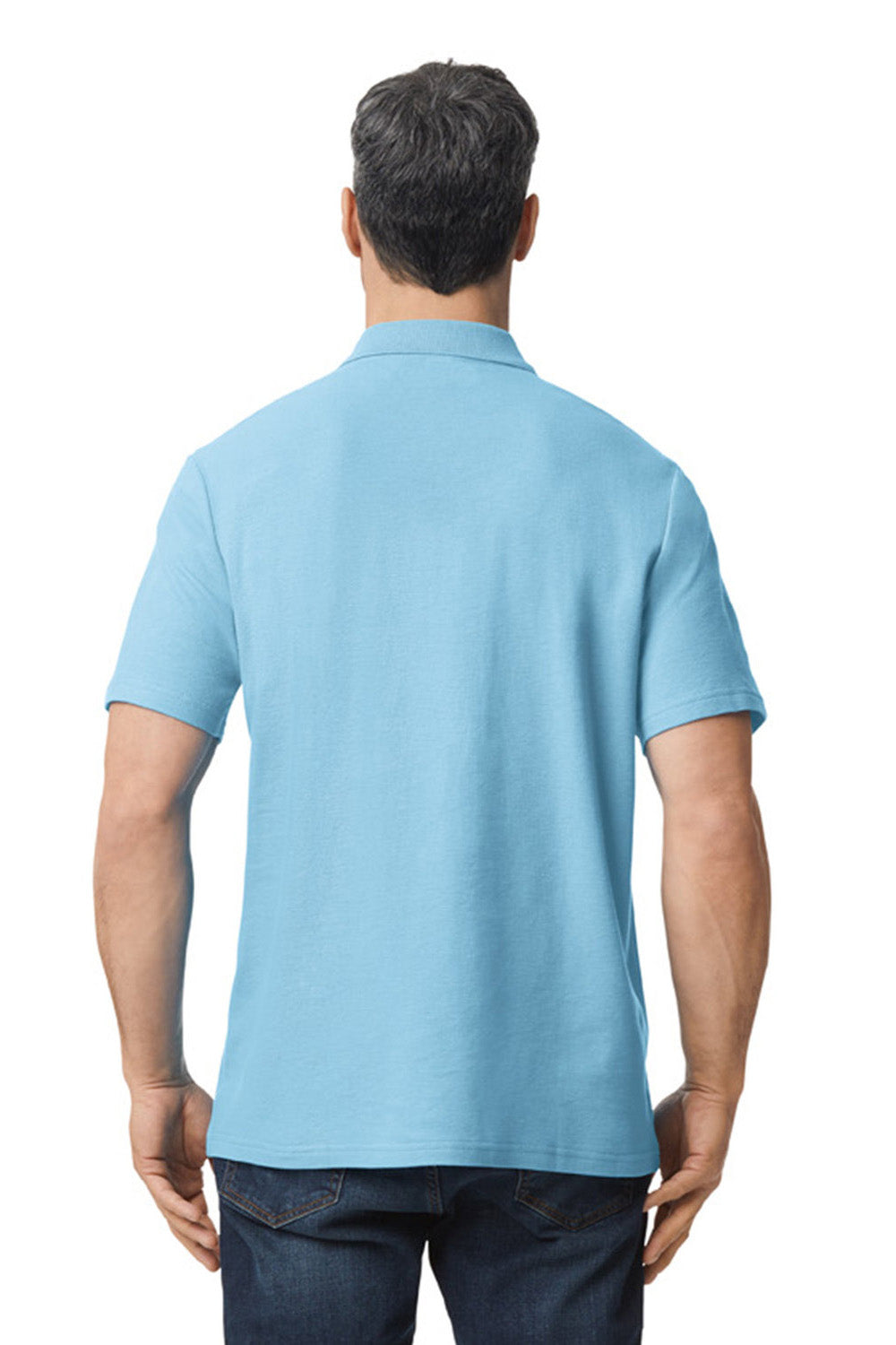 Gildan G648 Mens SoftStyle Double Pique Short Sleeve Polo Shirt Light Blue Model Back