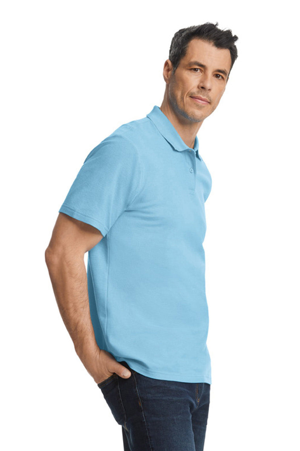 Gildan G648 Mens SoftStyle Double Pique Short Sleeve Polo Shirt Light Blue Model Side