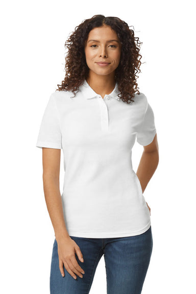 Gildan G648L Womens SoftStyle Double Pique Short Sleeve Polo Shirt White Model Front