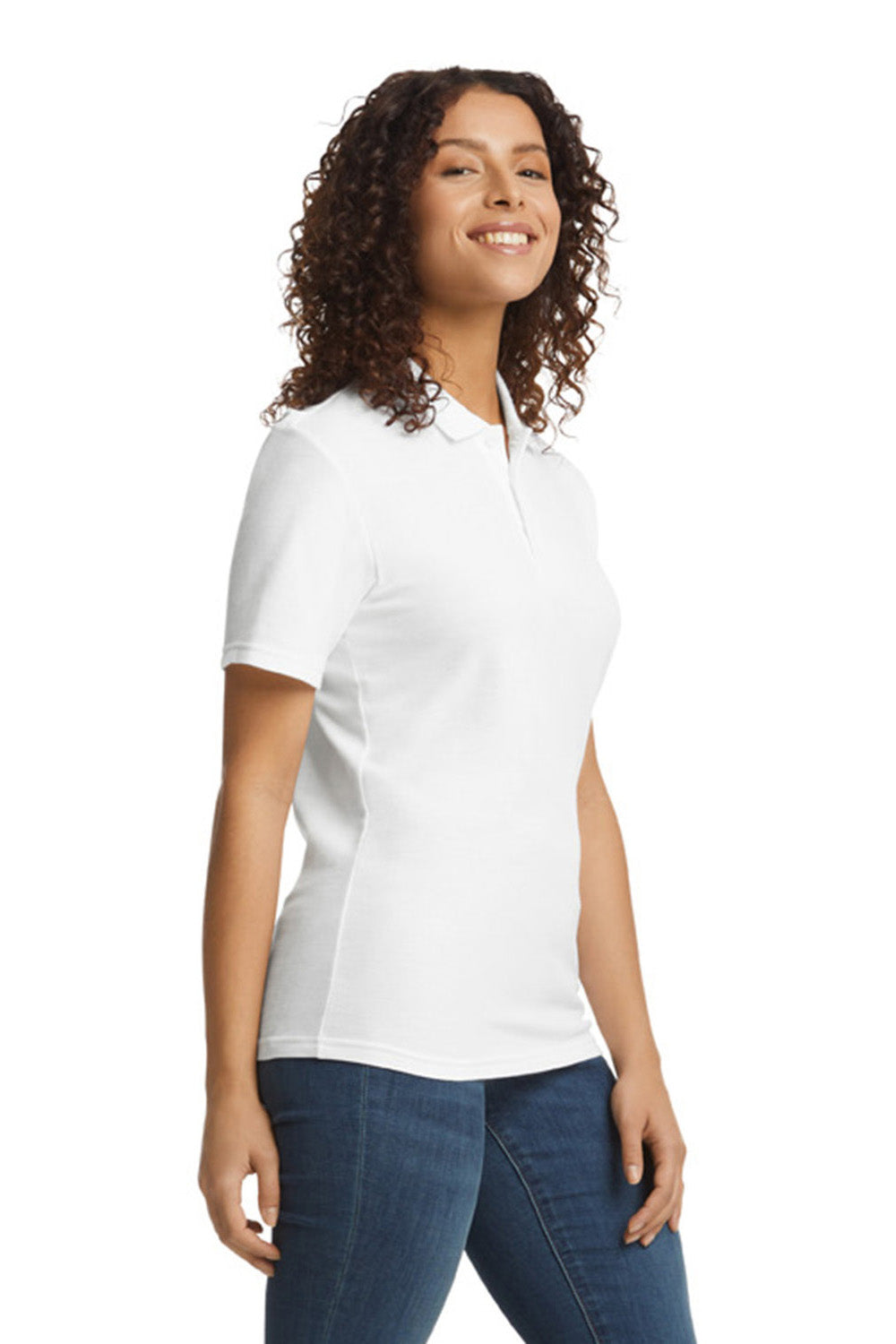 Gildan G648L Womens SoftStyle Double Pique Short Sleeve Polo Shirt White Model Side