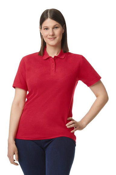 Gildan G648L Womens SoftStyle Double Pique Short Sleeve Polo Shirt Cherry Red Model Front