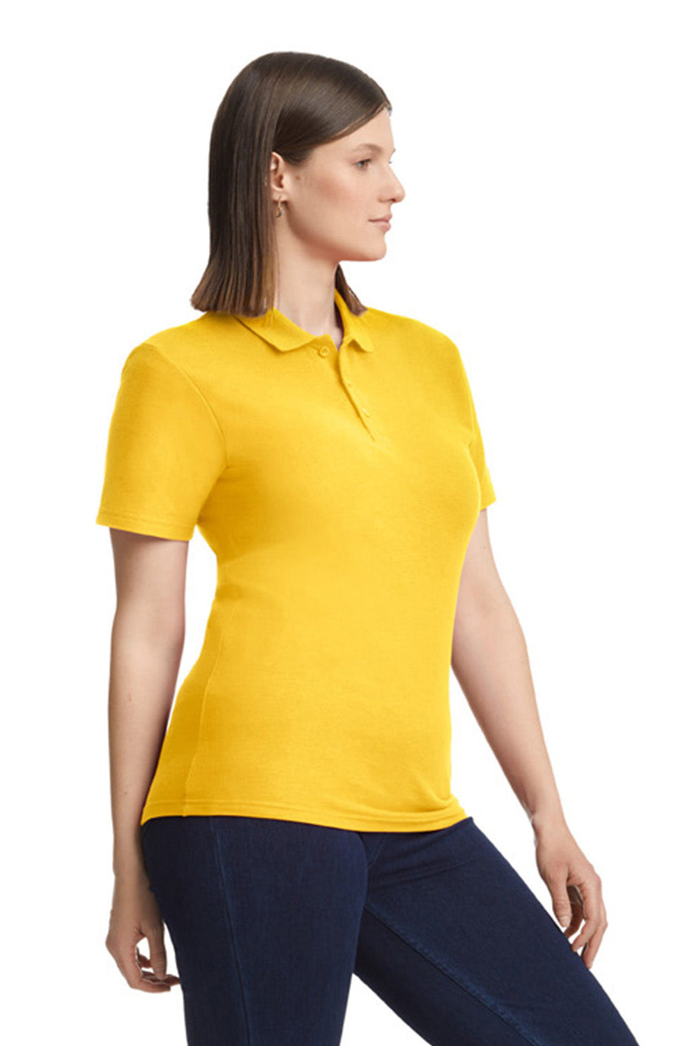 Gildan G648L Womens SoftStyle Double Pique Short Sleeve Polo Shirt Daisy Yellow Model Side