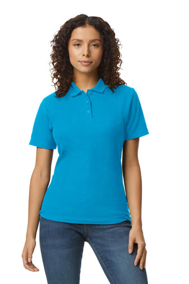 Gildan G648L Womens SoftStyle Double Pique Short Sleeve Polo Shirt Sapphire Blue Model Front