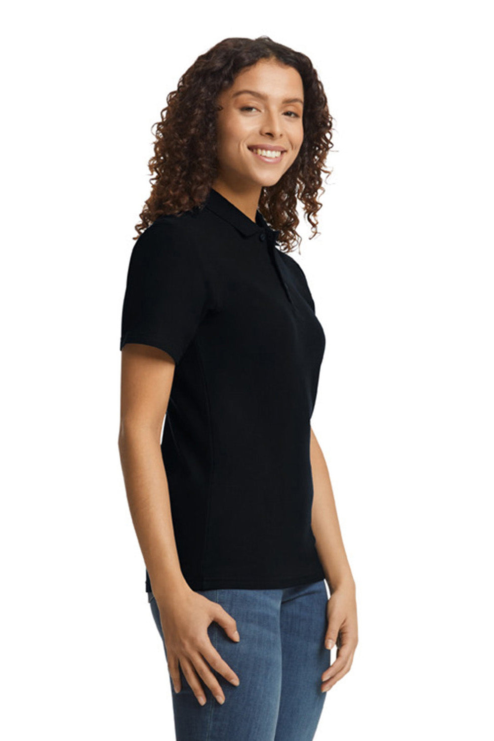 Gildan G648L Womens SoftStyle Double Pique Short Sleeve Polo Shirt Black Model Side