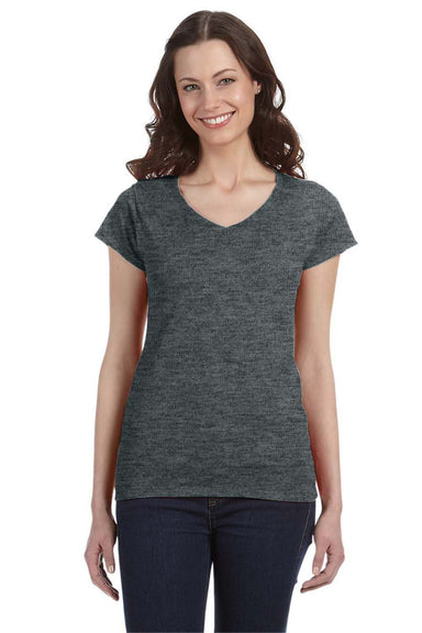 Gildan 64V00L/G64VL Womens Softstyle Short Sleeve V-Neck T-Shirt Heather Dark Grey Model Front