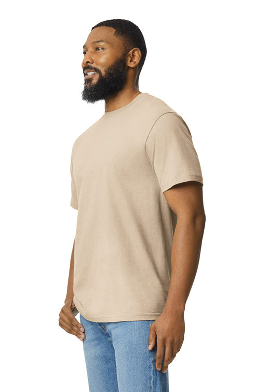 Gildan G650 Mens Softstyle Short Sleeve Crewneck T-Shirt Sand Model Side