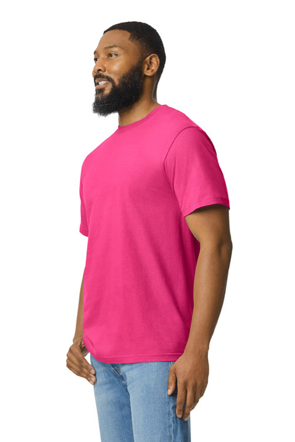 Gildan G650 Mens Softstyle Short Sleeve Crewneck T-Shirt Heliconia Pink Model Side