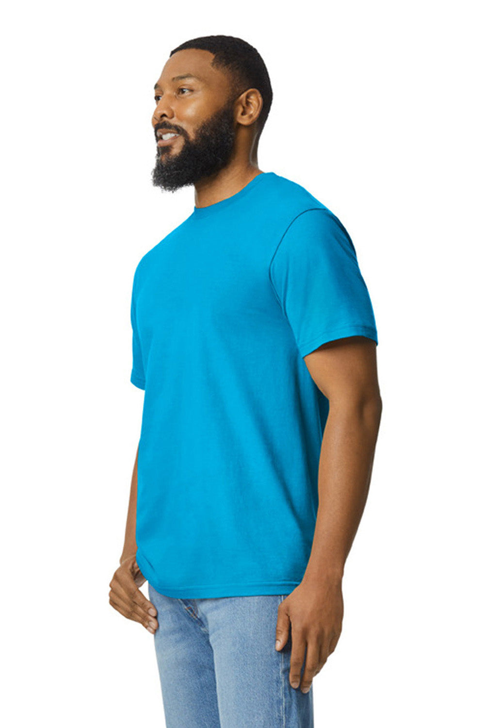 Gildan G650 Mens Softstyle Short Sleeve Crewneck T-Shirt Sapphire Blue Model Side