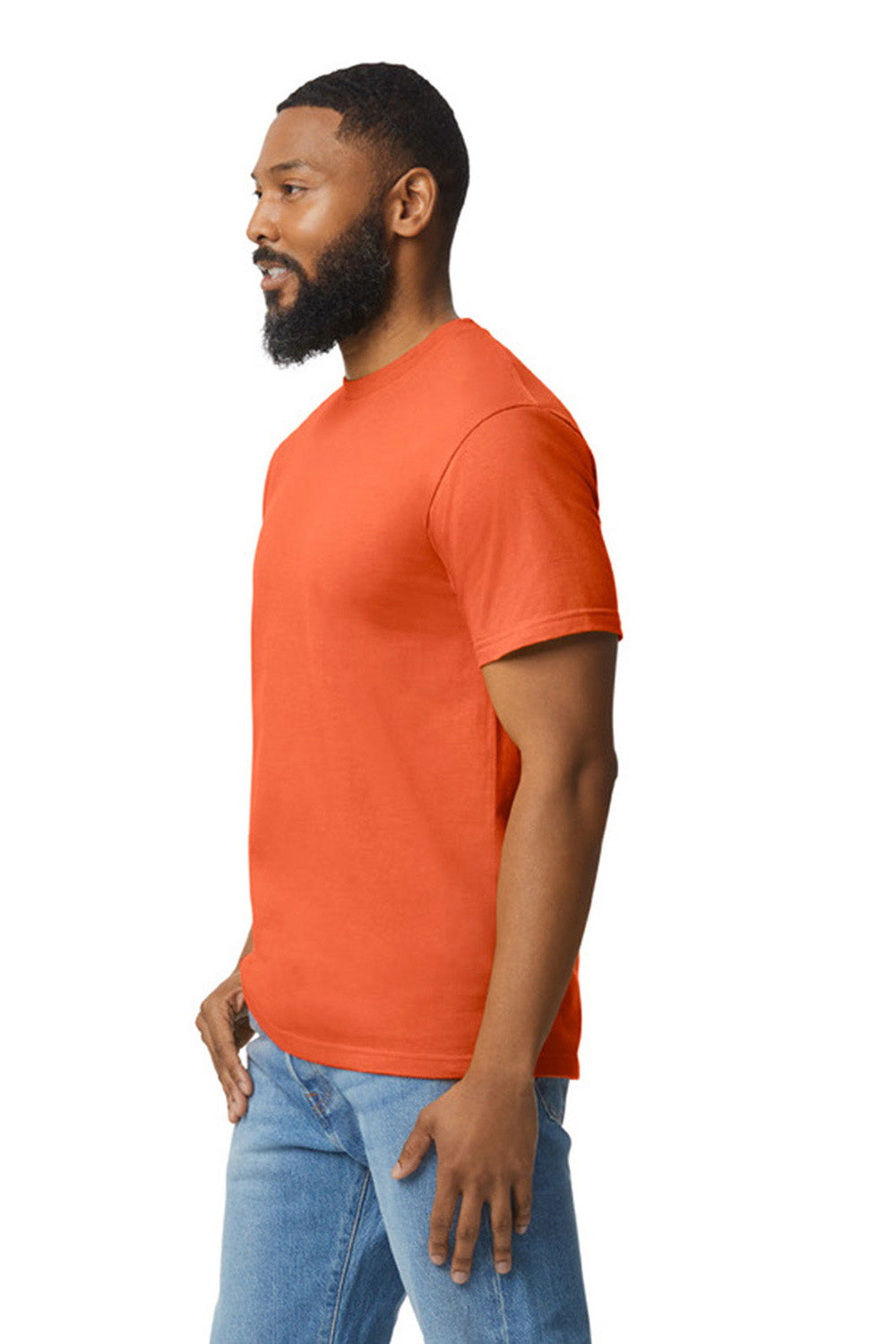 Gildan G650 Mens Softstyle Short Sleeve Crewneck T-Shirt Orange Model Side