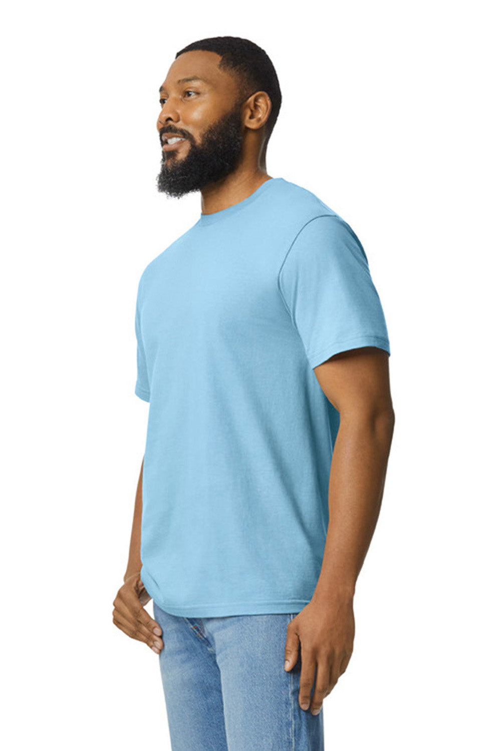 Gildan G650 Mens Softstyle Short Sleeve Crewneck T-Shirt Light Blue Model Side