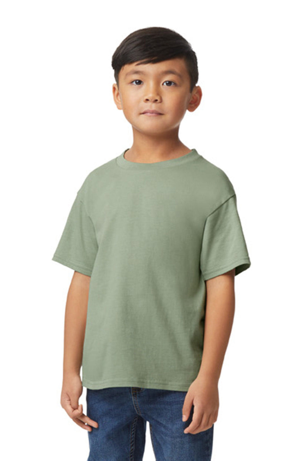 Gildan G650B Youth Softstyle Short Sleeve Crewneck T-Shirt Sage Green Model Front