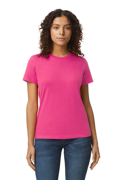 Gildan G650L Womens Softstyle Short Sleeve Crewneck T-Shirt Heliconia Pink Model Front