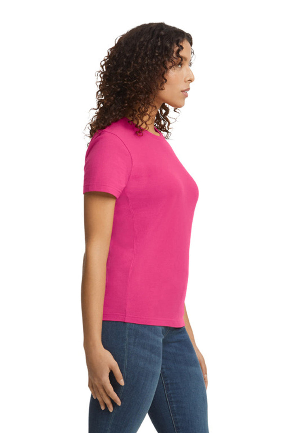 Gildan G650L Womens Softstyle Short Sleeve Crewneck T-Shirt Heliconia Pink Model Side