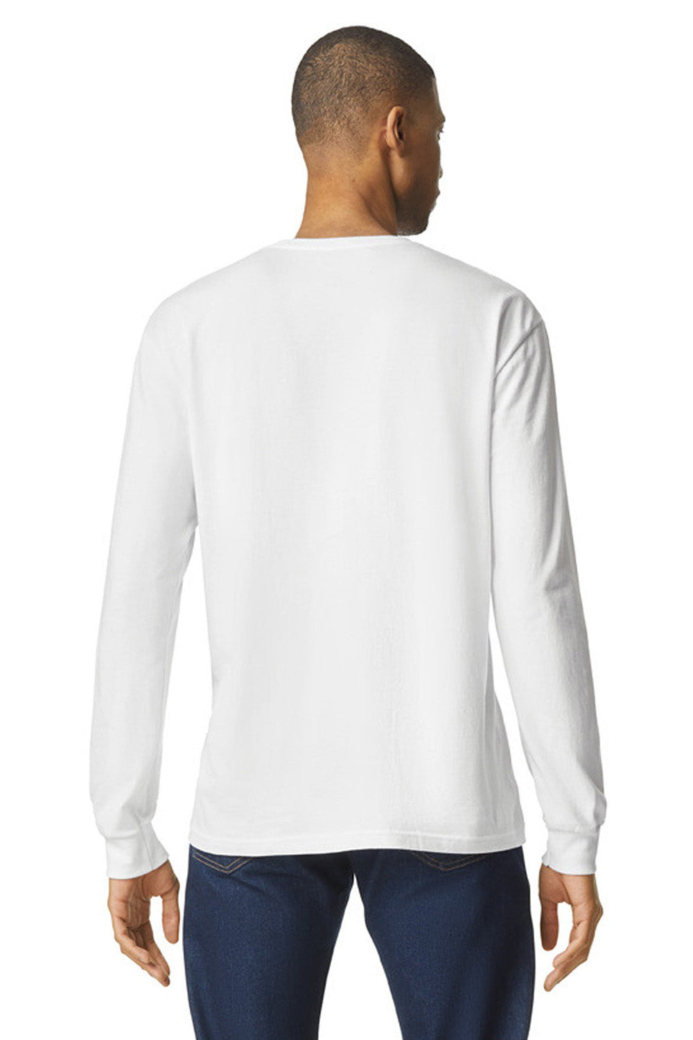 Gildan 67400 Mens Softstyle CVC Long Sleeve Crewneck T-Shirt White Model Back