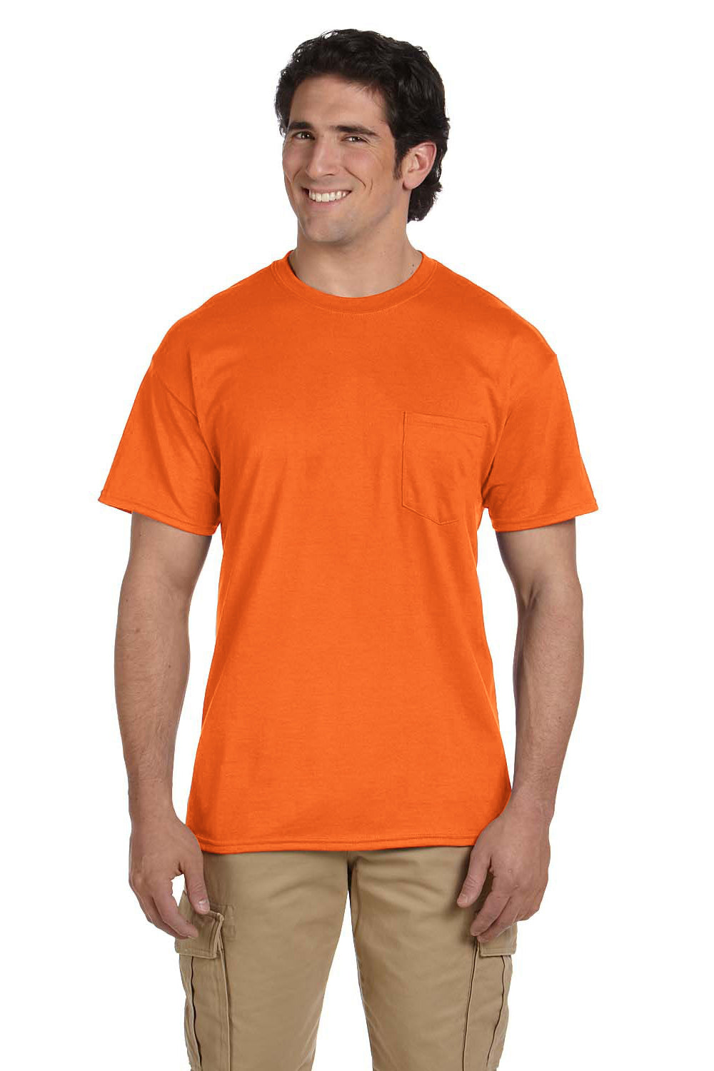 Gildan 8300/G830 Mens DryBlend Moisture Wicking Short Sleeve Crewneck T-Shirt w/ Pocket Safety Orange Model Front