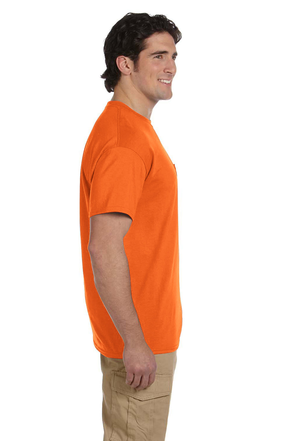 Gildan 8300/G830 Mens DryBlend Moisture Wicking Short Sleeve Crewneck T-Shirt w/ Pocket Safety Orange Model Side