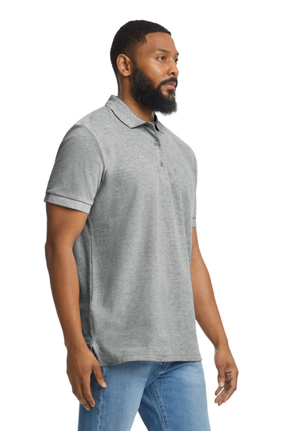 Gildan G858 Mens Double Pique Short Sleeve Polo Shirt Sport Grey Model Side