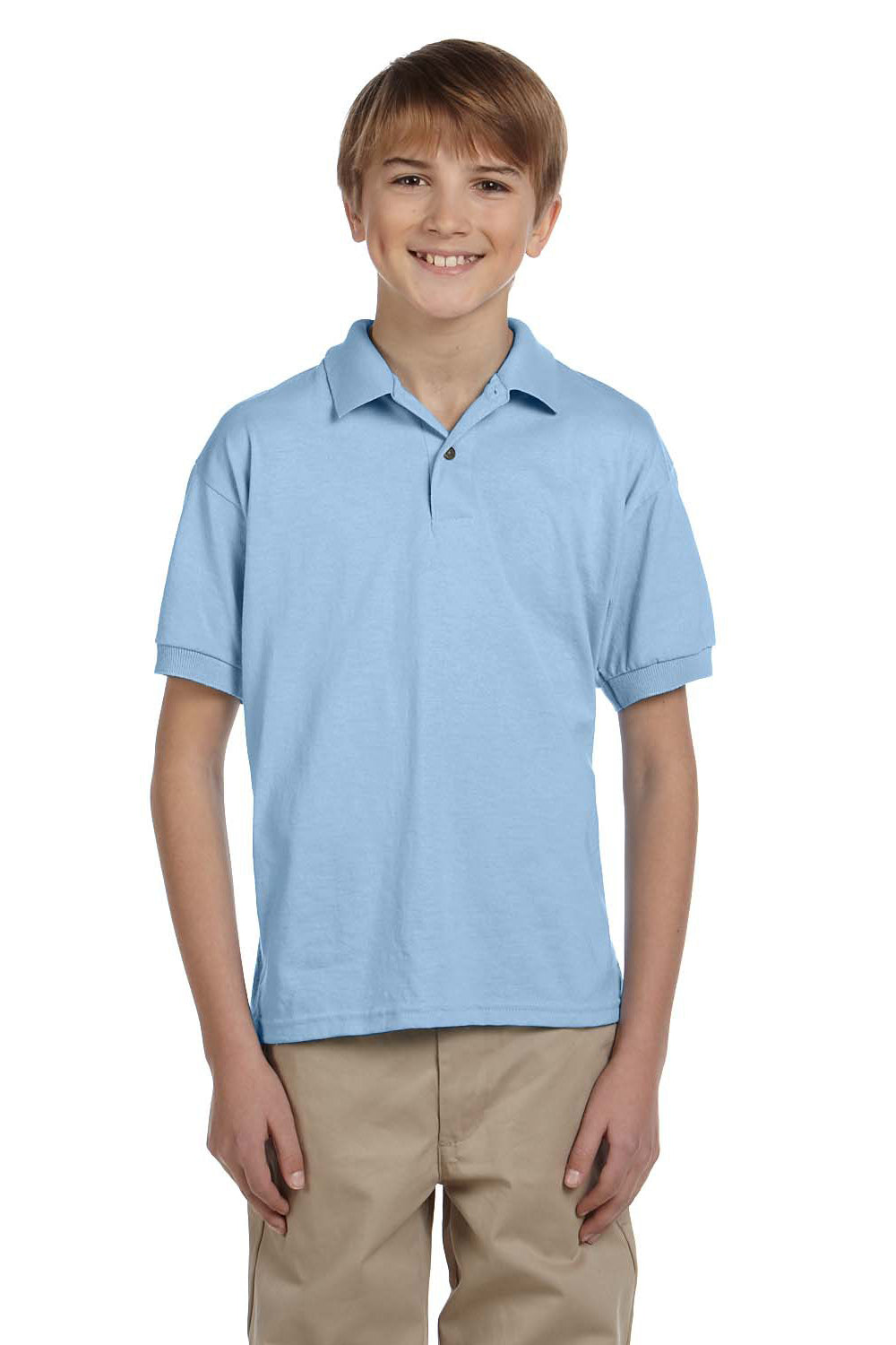 Gildan 8800B/G880B Youth DryBlend Moisture Wicking Short Sleeve Polo Shirt Light Blue Model Front