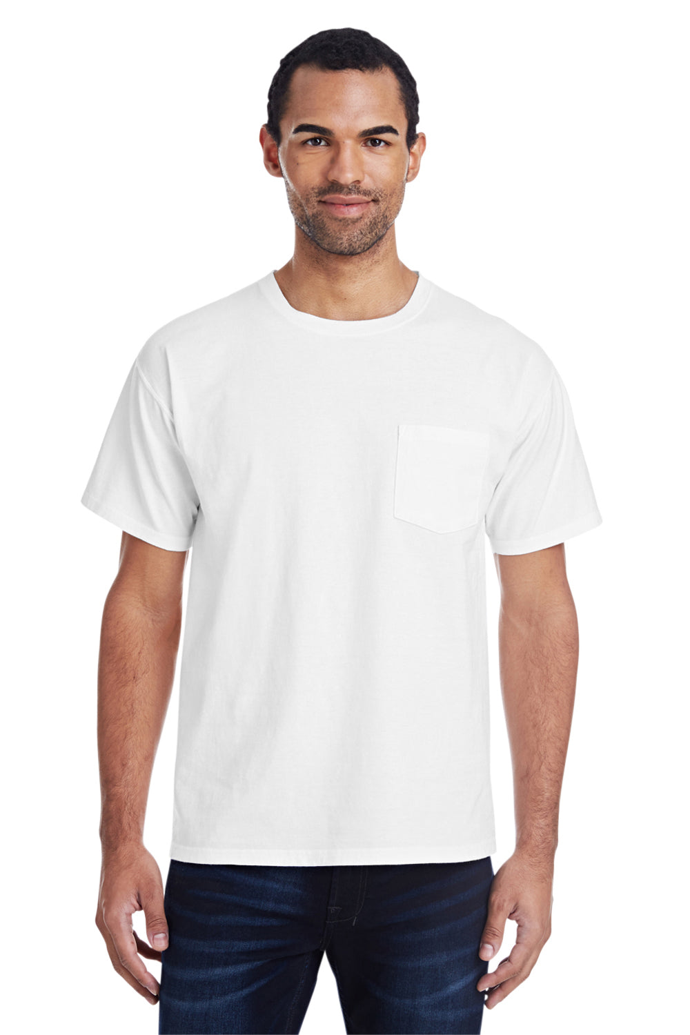 ComfortWash By Hanes GDH150 Mens Short Sleeve Crewneck T-Shirt w/ Pocket White Model Front