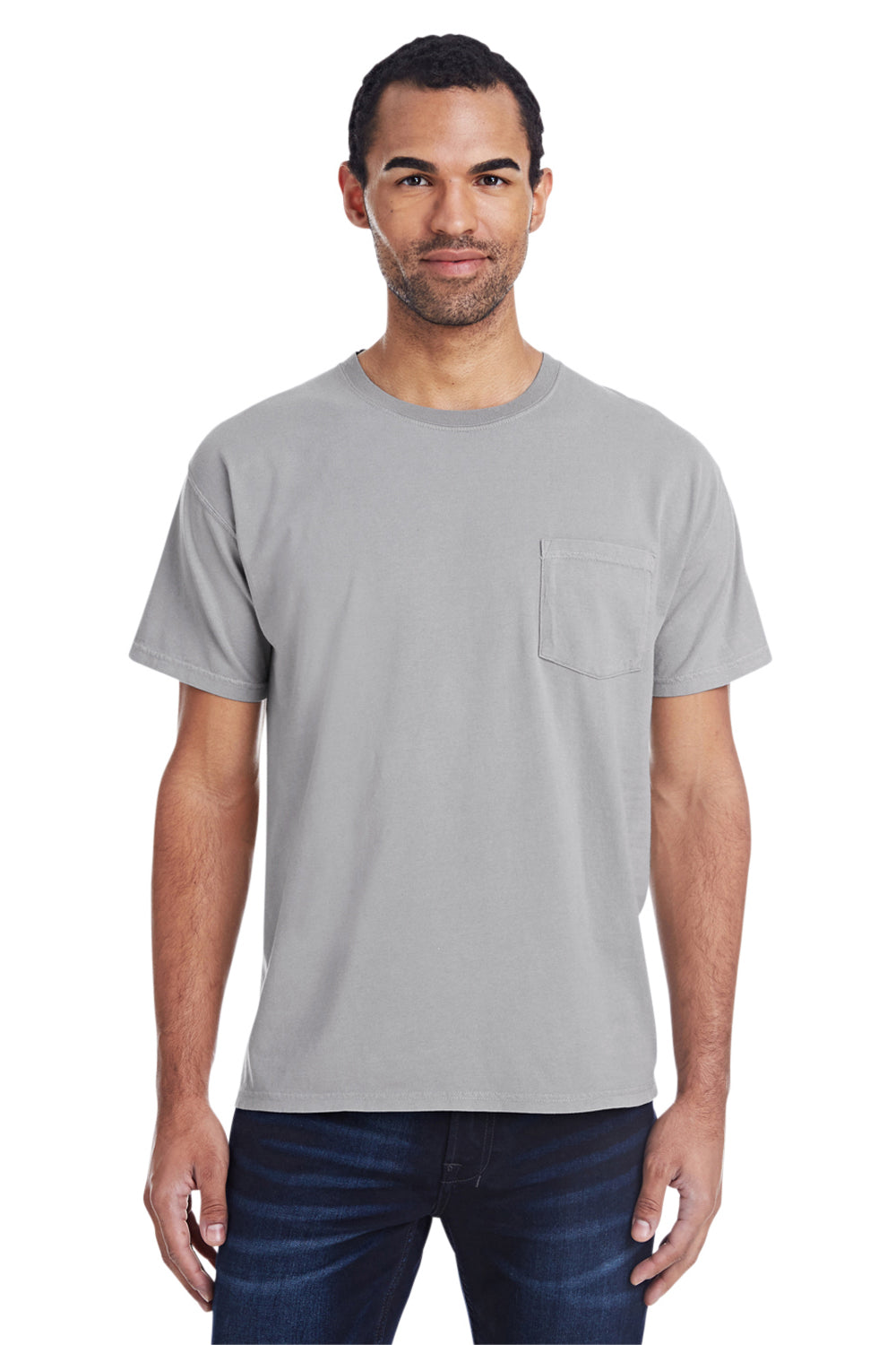 ComfortWash By Hanes GDH150 Mens Short Sleeve Crewneck T-Shirt w/ Pocket Concrete Grey Model Front