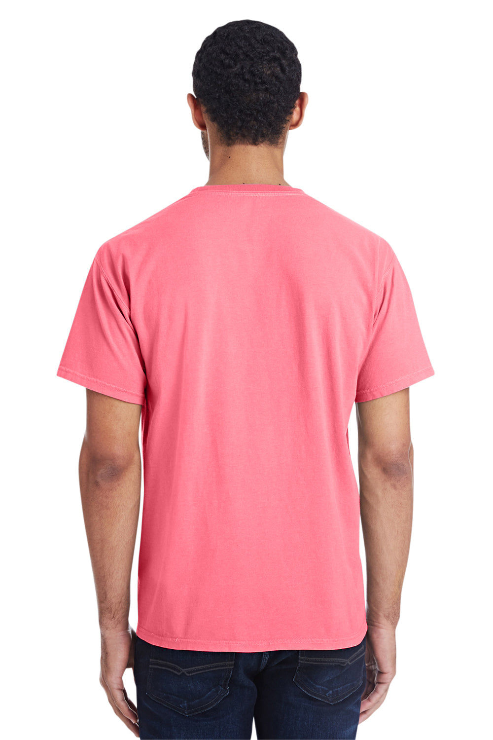 ComfortWash By Hanes GDH150 Mens Short Sleeve Crewneck T-Shirt w/ Pocket Coral Craze Pink Model Back