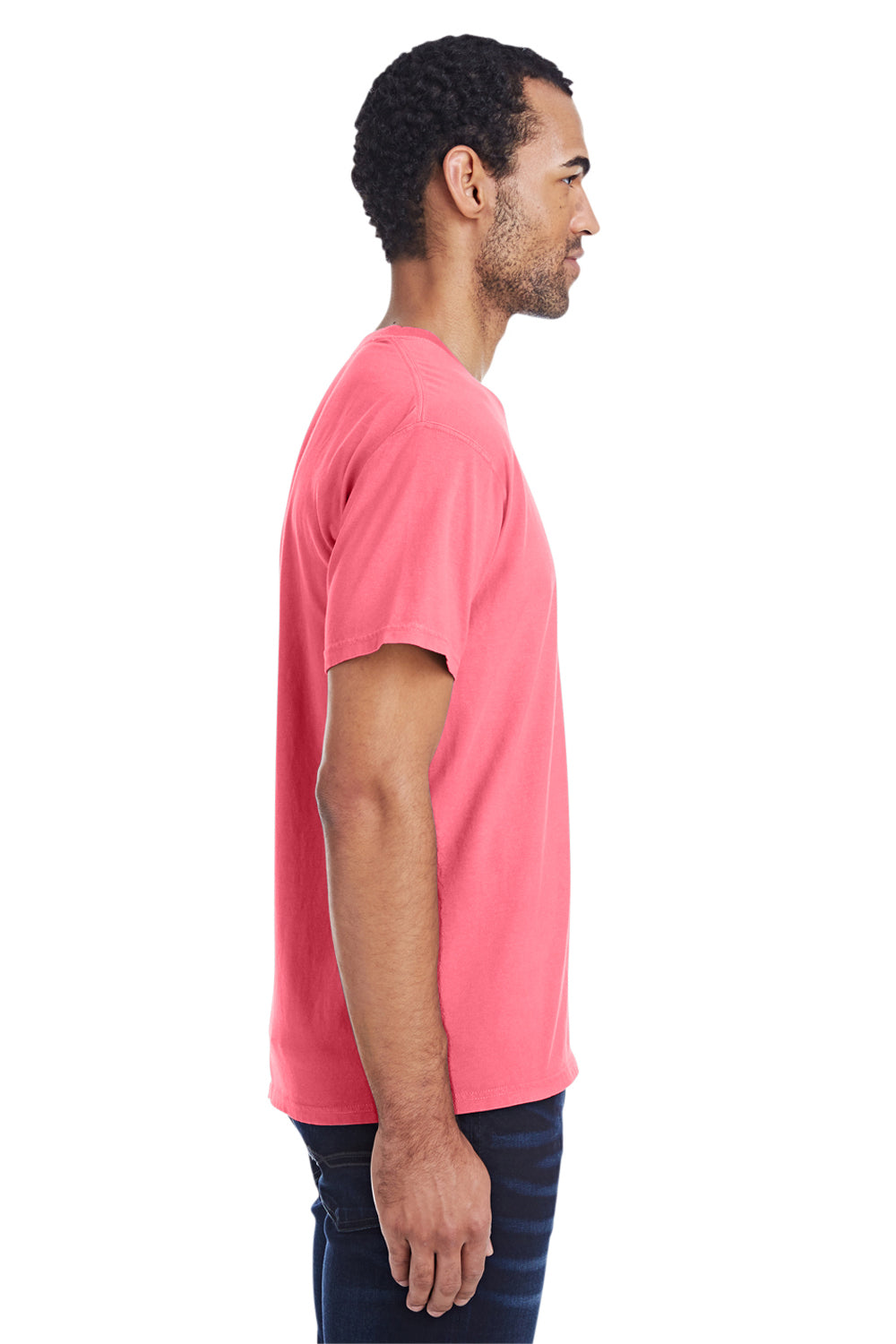 ComfortWash By Hanes GDH150 Mens Short Sleeve Crewneck T-Shirt w/ Pocket Coral Craze Pink Model Side