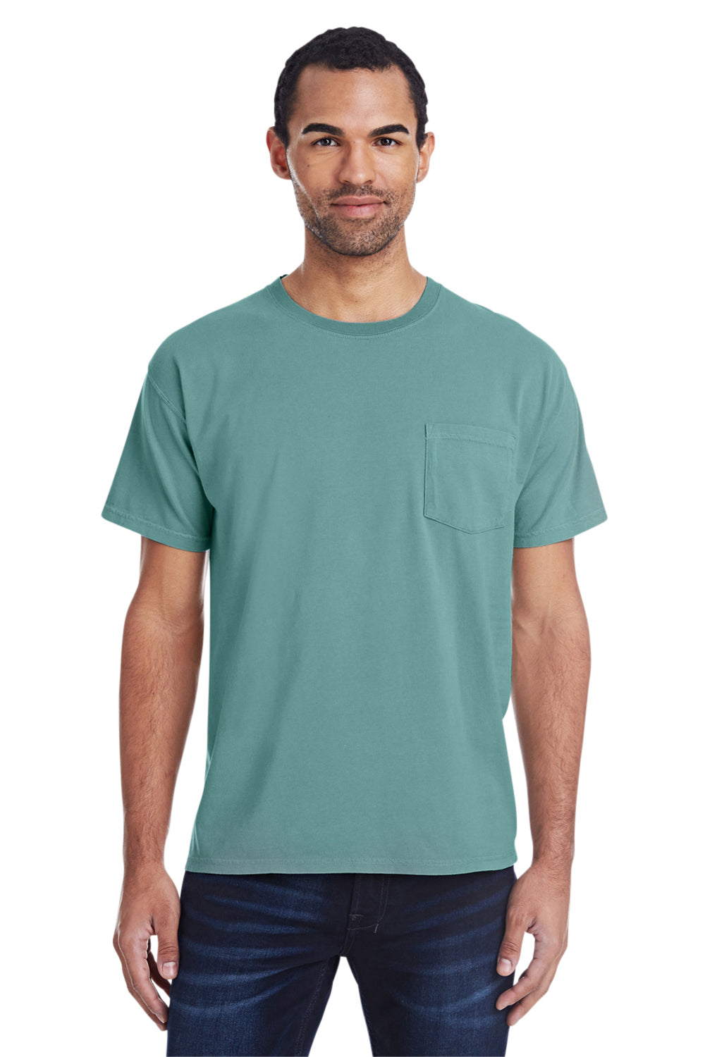 ComfortWash By Hanes GDH150 Mens Short Sleeve Crewneck T-Shirt w/ Pocket Cypress Green Model Front