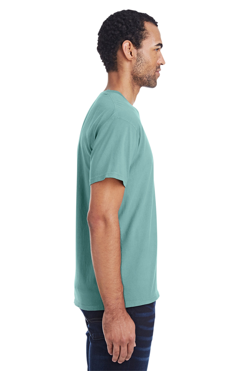 ComfortWash By Hanes GDH150 Mens Short Sleeve Crewneck T-Shirt w/ Pocket Cypress Green Model Side