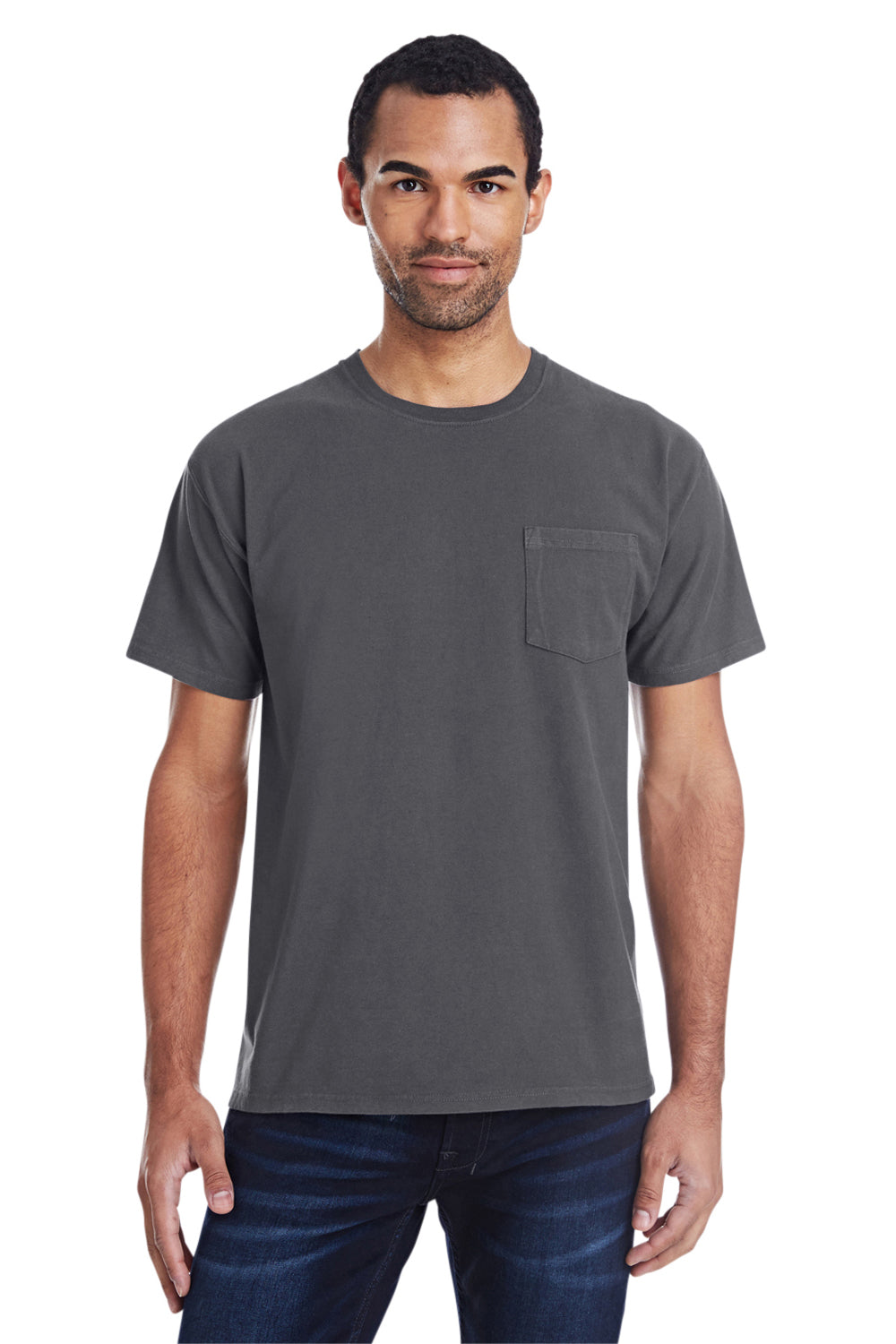 ComfortWash By Hanes GDH150 Mens Short Sleeve Crewneck T-Shirt w/ Pocket Railroad Grey Model Front