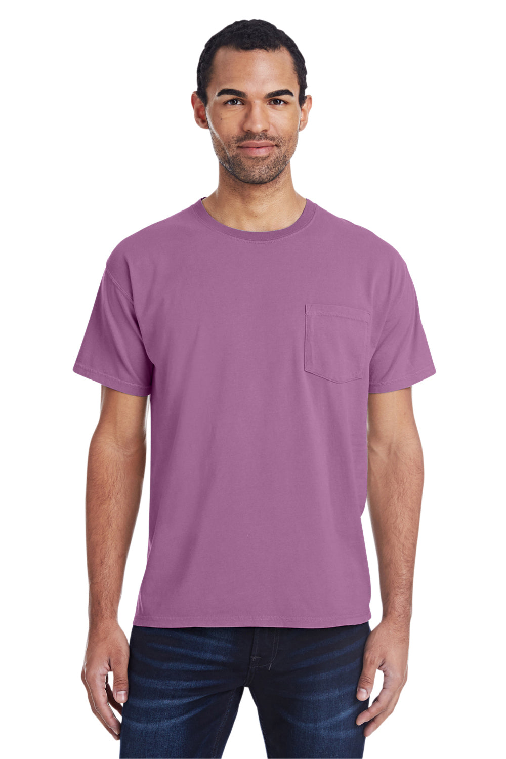 ComfortWash By Hanes GDH150 Mens Short Sleeve Crewneck T-Shirt w/ Pocket Plum Purple Model Front