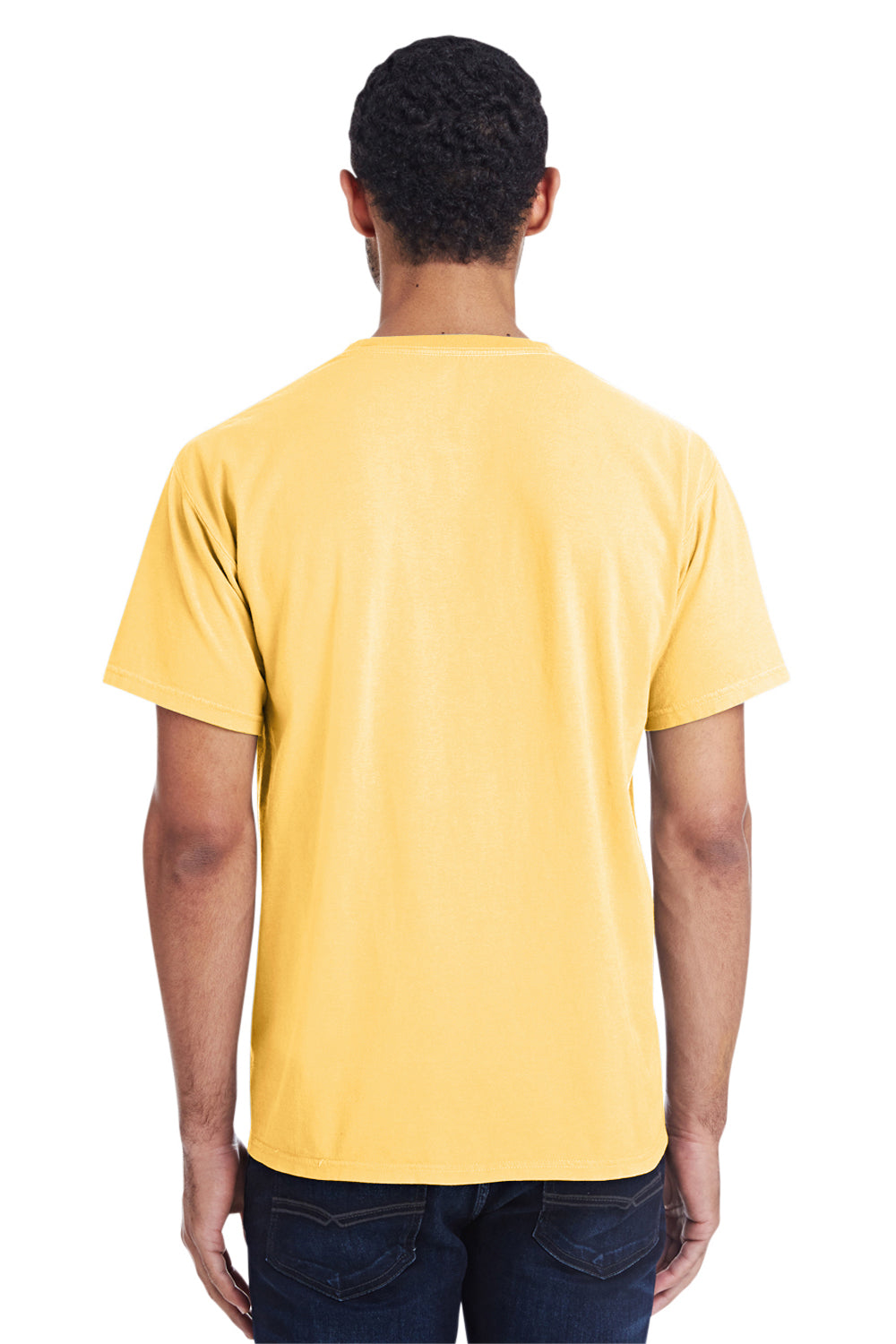 ComfortWash By Hanes GDH150 Mens Short Sleeve Crewneck T-Shirt w/ Pocket Summer Squash Yellow Model Back