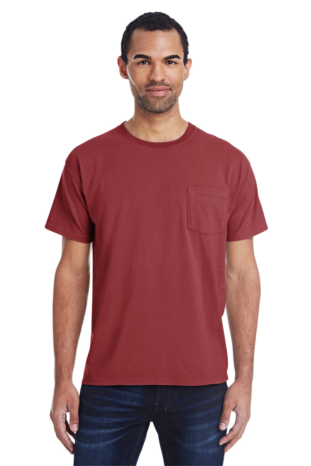 ComfortWash By Hanes GDH150 Mens Short Sleeve Crewneck T-Shirt w/ Pocket Cayenne Red Model Front