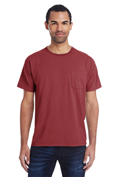 ComfortWash By Hanes GDH150 Mens Short Sleeve Crewneck T-Shirt w/ Pocket Cayenne Red Model Front