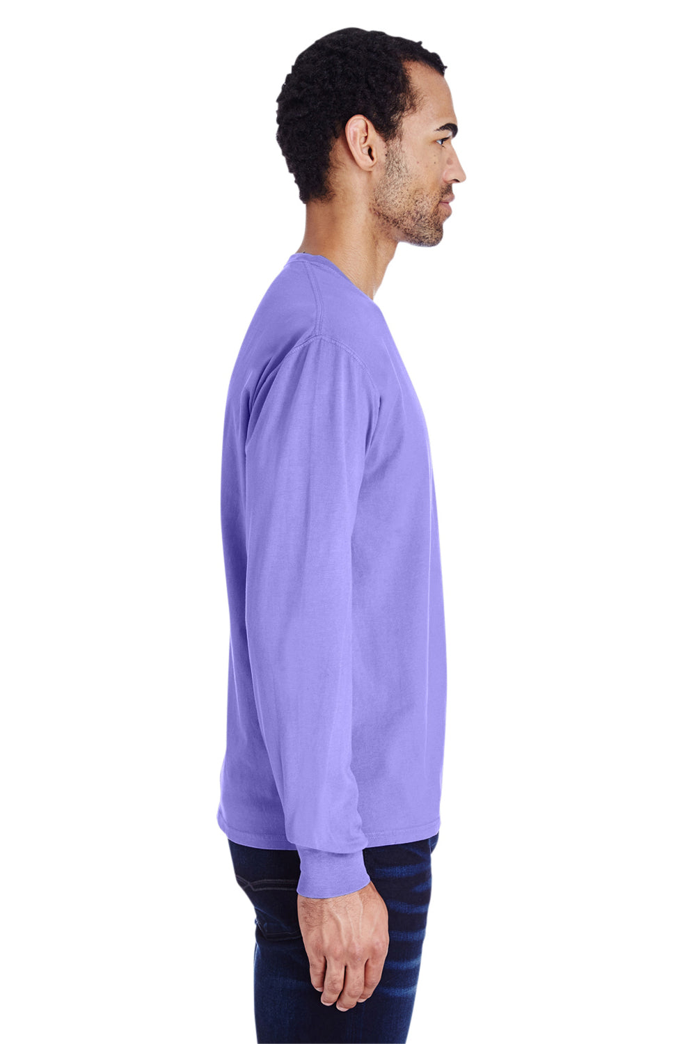 ComfortWash By Hanes GDH250 Mens Long Sleeve Crewneck T-Shirt w/ Pocket Lavender Purple Model Side