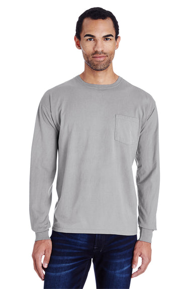 ComfortWash By Hanes GDH250 Mens Long Sleeve Crewneck T-Shirt w/ Pocket Concrete Grey Model Front