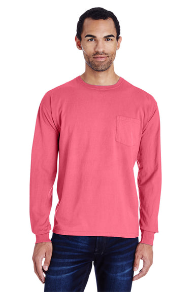 ComfortWash By Hanes GDH250 Mens Long Sleeve Crewneck T-Shirt w/ Pocket Crimson Fall Model Front