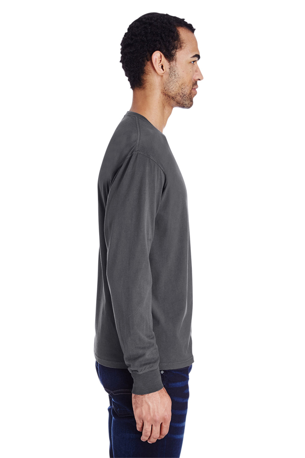 ComfortWash By Hanes GDH250 Mens Long Sleeve Crewneck T-Shirt w/ Pocket Railroad Grey Model Side