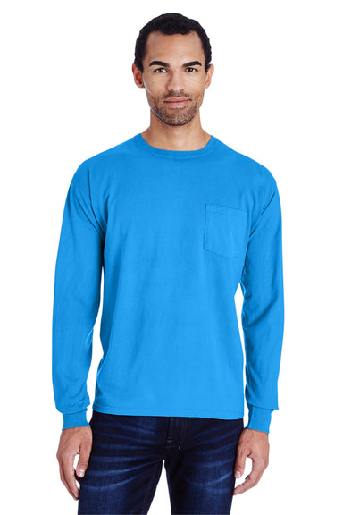 ComfortWash By Hanes GDH250 Mens Long Sleeve Crewneck T-Shirt w/ Pocket Summer Sky Blue Model Front