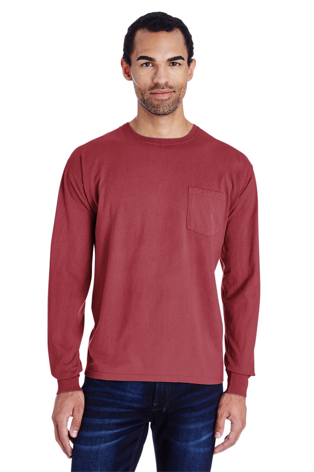 ComfortWash By Hanes GDH250 Mens Long Sleeve Crewneck T-Shirt w/ Pocket Cayenne Red Model Front