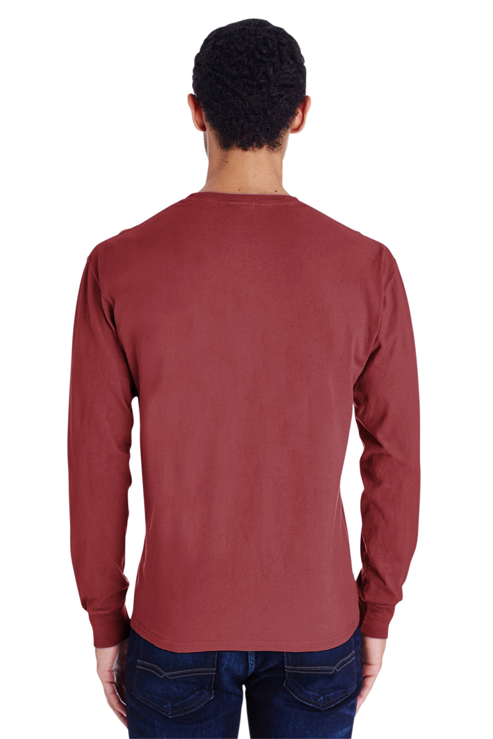 ComfortWash By Hanes GDH250 Mens Long Sleeve Crewneck T-Shirt w/ Pocket Cayenne Red Model Back