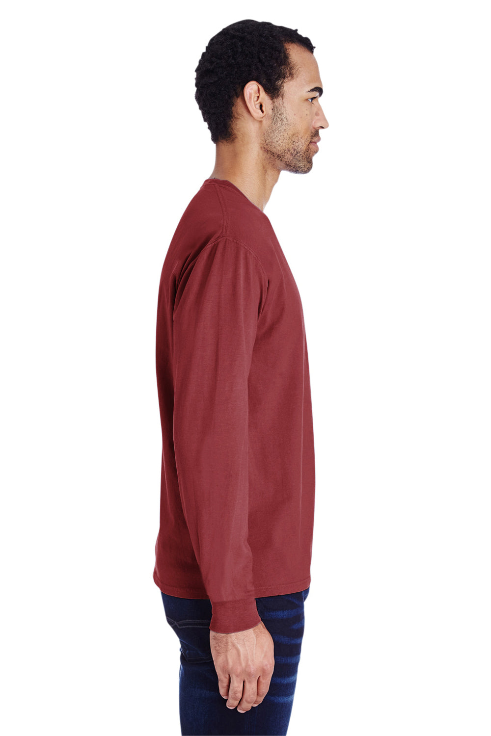 ComfortWash By Hanes GDH250 Mens Long Sleeve Crewneck T-Shirt w/ Pocket Cayenne Red Model Side