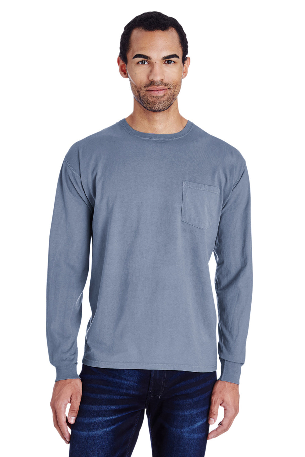 ComfortWash By Hanes GDH250 Mens Long Sleeve Crewneck T-Shirt w/ Pocket Saltwater Blue Model Front