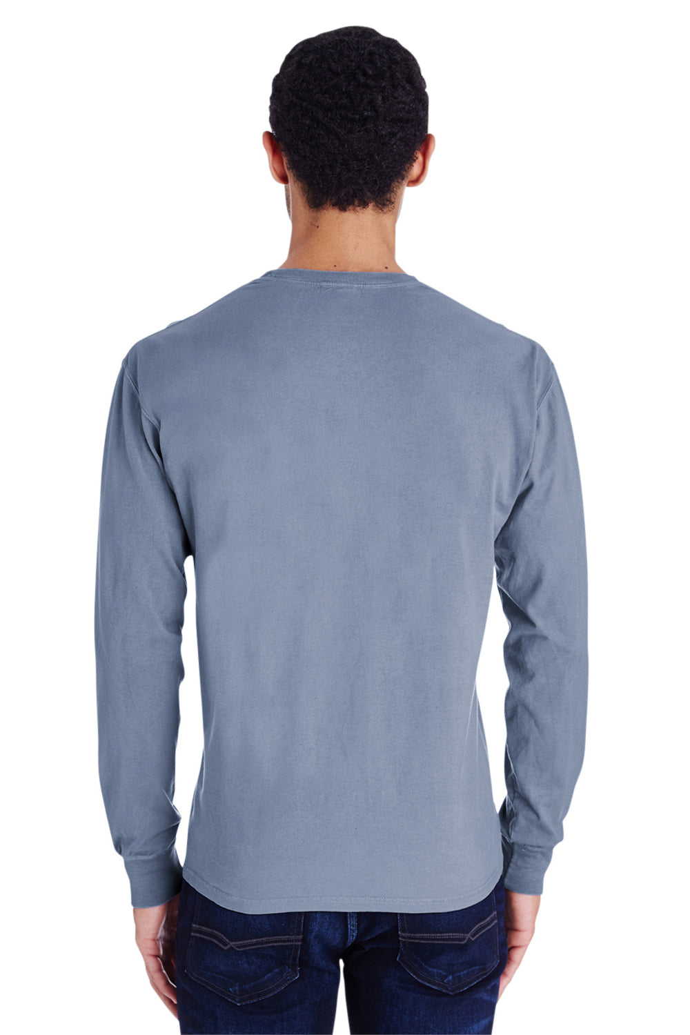 ComfortWash By Hanes GDH250 Mens Long Sleeve Crewneck T-Shirt w/ Pocket Saltwater Blue Model Back