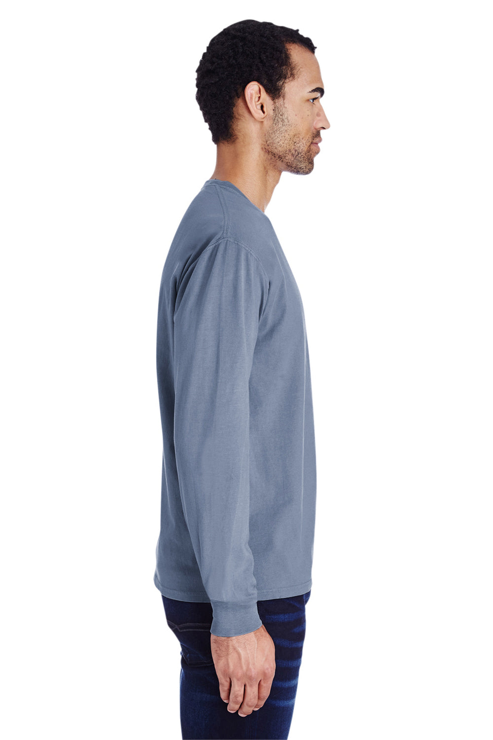 ComfortWash By Hanes GDH250 Mens Long Sleeve Crewneck T-Shirt w/ Pocket Saltwater Blue Model Side