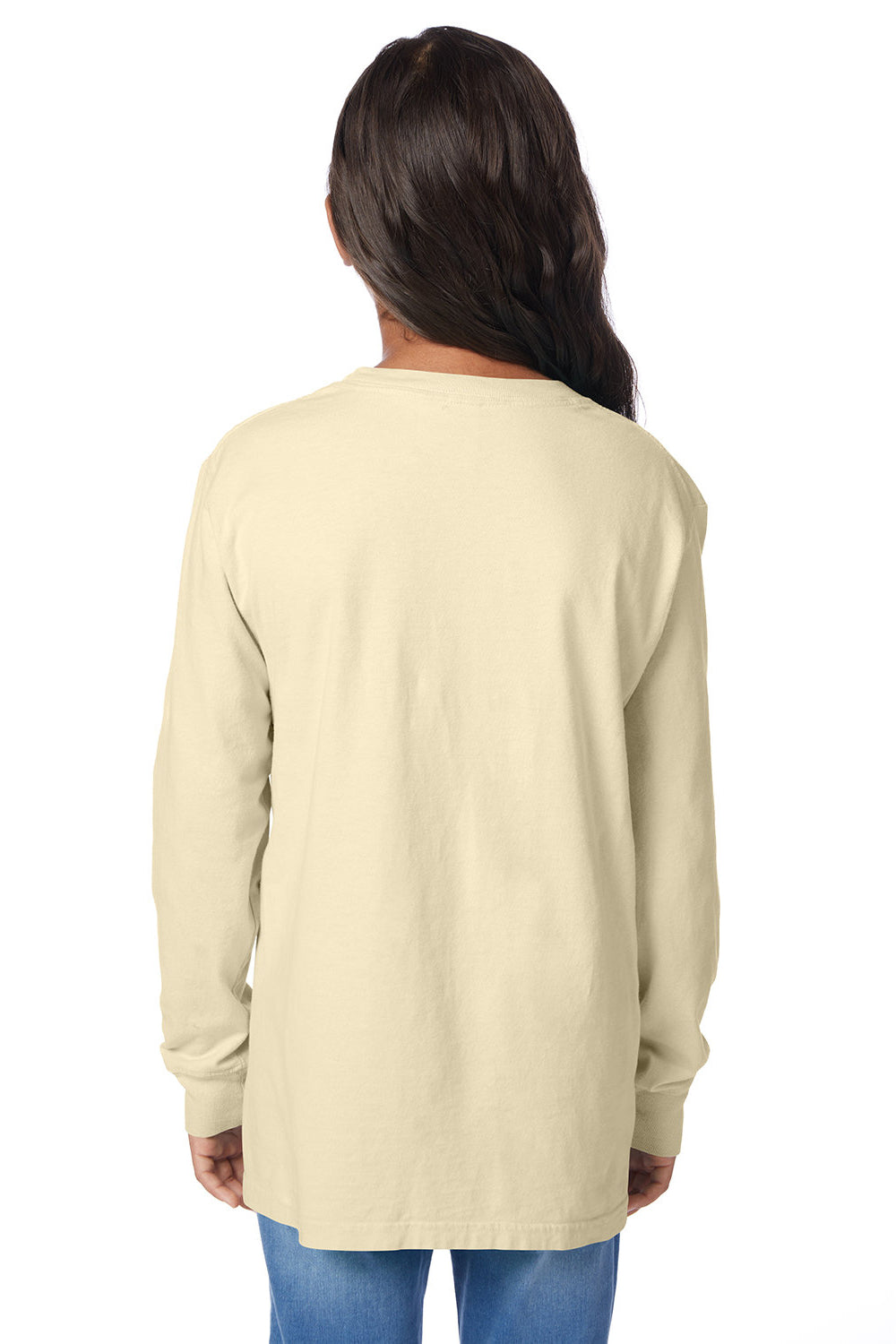 ComfortWash By Hanes GDH275 Youth Garment Dyed Long Sleeve Crewneck T-Shirt Summer Squash Yellow Model Back