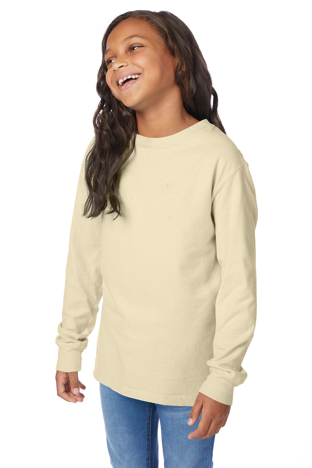 ComfortWash By Hanes GDH275 Youth Garment Dyed Long Sleeve Crewneck T-Shirt Summer Squash Yellow Model 3q