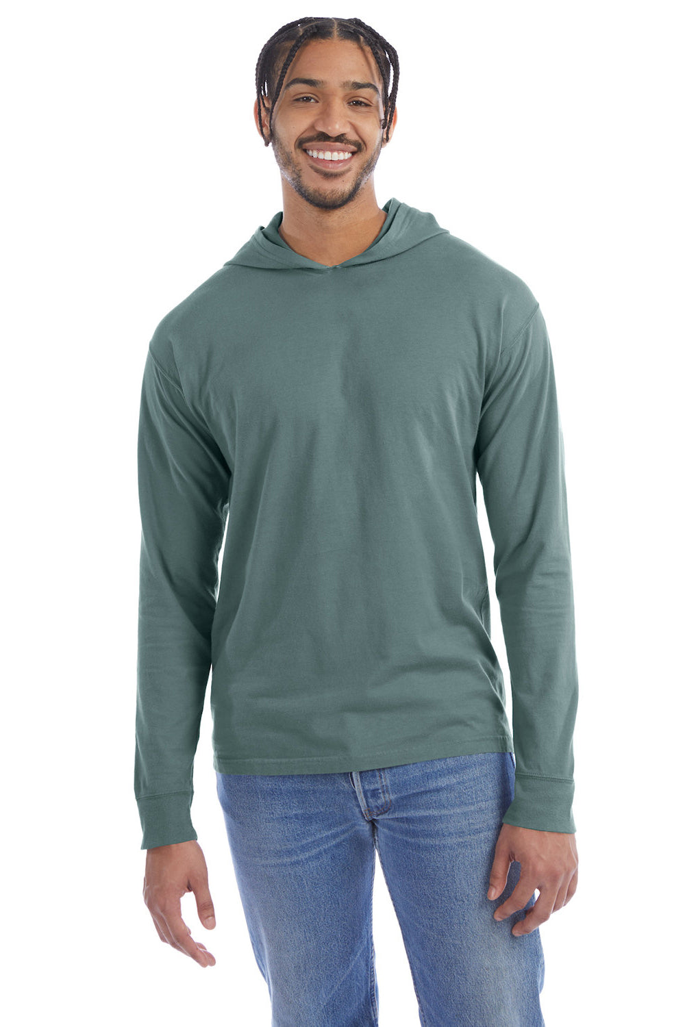 ComfortWash By Hanes GDH280 Mens Jersey Long Sleeve Hooded T-Shirt Hoodie Cypress Green Model Front