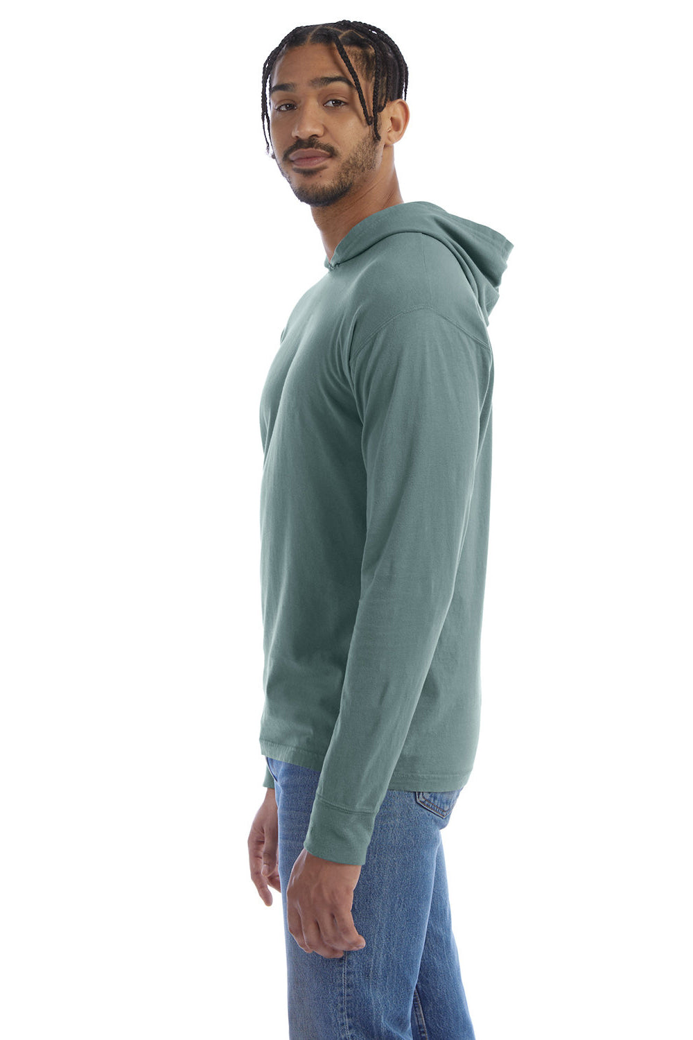 ComfortWash By Hanes GDH280 Mens Jersey Long Sleeve Hooded T-Shirt Hoodie Cypress Green Model Side